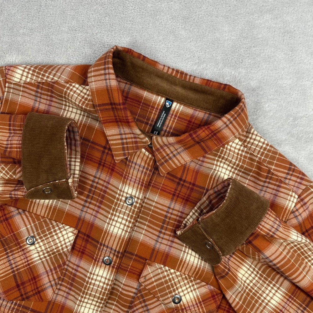 Kuhl Flannel Shirt Womens Medium Orange Plaid Snap Front Corduroy Trim Outdoors